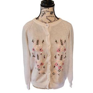 Vintage Button Up Sweater Women's White Size S Embroidered Flowers Knitted